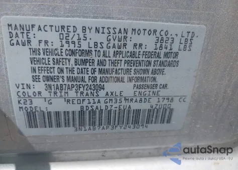 2015 Nissan Sentra Fe+ S/S/Sl/Sr/Sv из США, поврежденный, VIN 3N1AB7AP3FY243094